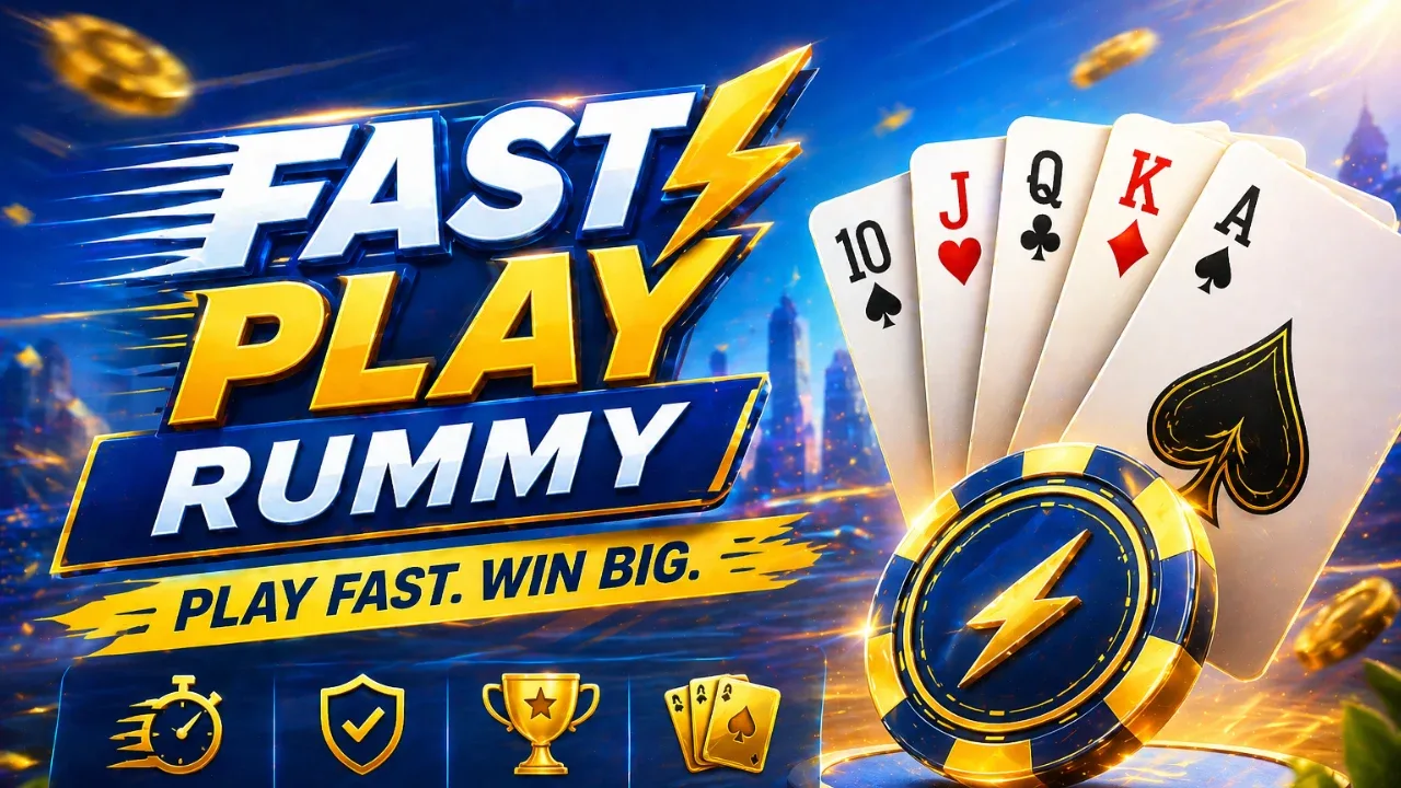 FastPlayRummy velocity carousel — neon blue gradient and Android rummy radar motif